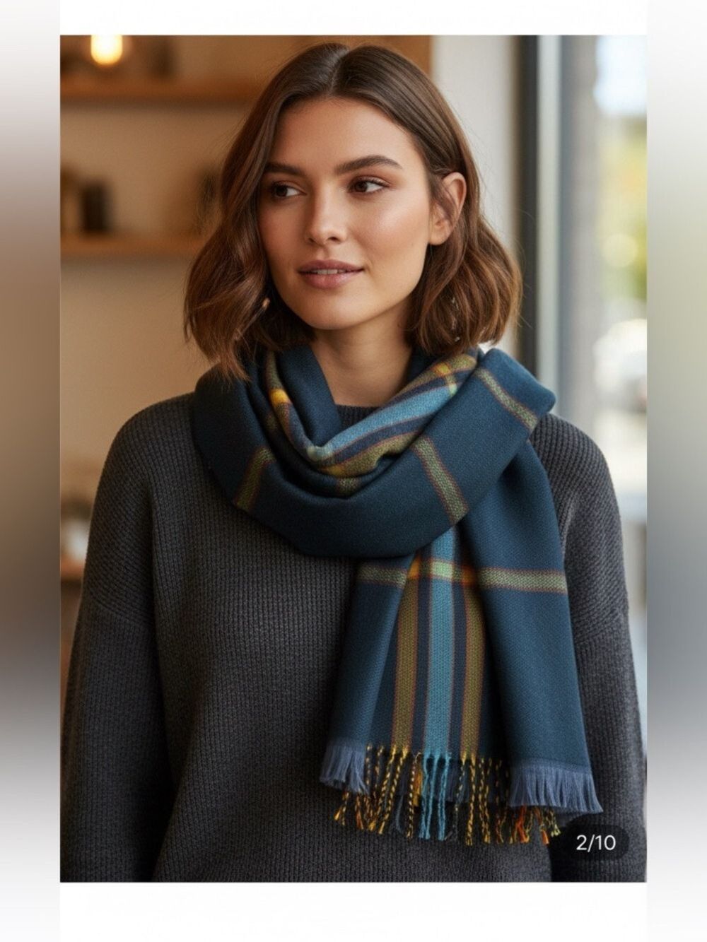 Echo Plaid Scarf Navy Yellow Tartan Fringe Wrap - Picture 2 of 12